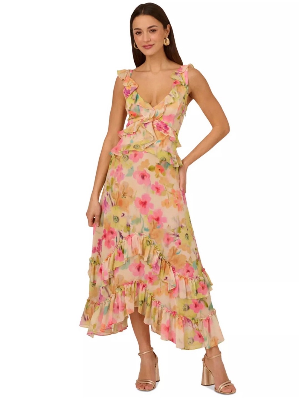 Adrianna Papell Women's Floral Chiffon Ruffle Maxi V-Neck Lined Size 20